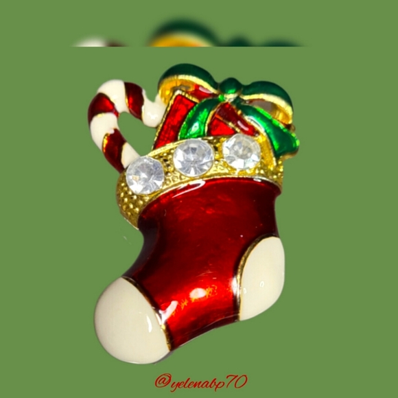 80th Vintage Enamel & Rhinestone Christmas Stocking Candy Cane Brooch - Picture 4 of 6